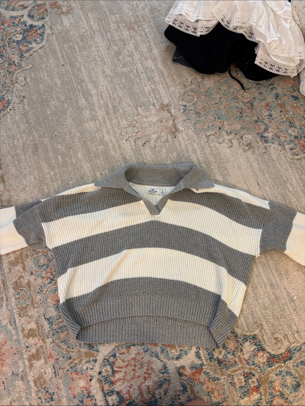 Hollister Gray and Cream Striped Ribbed Polo Sweater